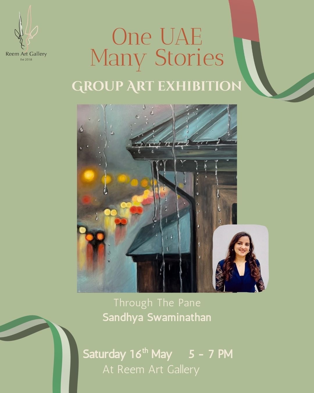 One UAE Many Stories — Group Art Exhibition poster featuring Sandhya Swaminathan