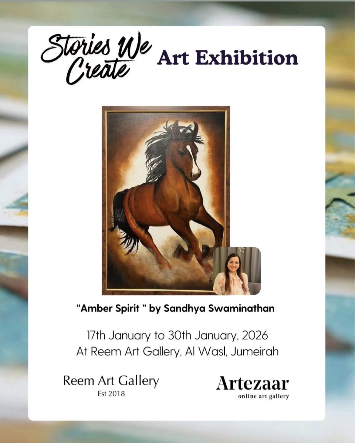 Stories We Create — Art Exhibition poster featuring Amber Spirit by Sandhya Swaminathan